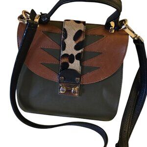 GIORGIA MILANI LEATHER CROSSBODY HANDBAG OLIVE GREEN LEOPARD CALF HAIR  NWOT